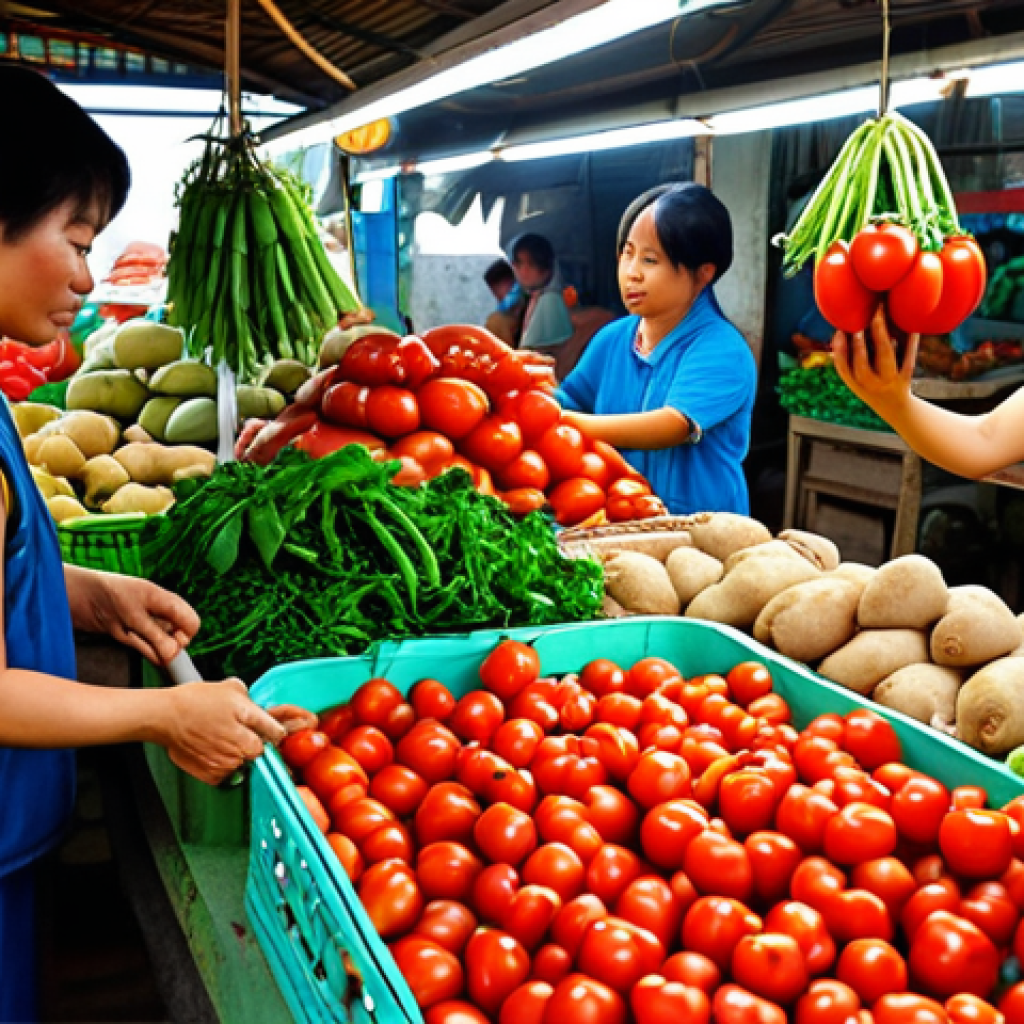 **

A vibrant, colorful display of fresh produce at a bustling Vietnamese market. Focus on close-ups of specific items: shiny red tomatoes, crisp green morning glory (rau muống), and firm potatoes.  Show hands selecting and inspecting the vegetables.  Capture the atmosphere of a lively chợ in Vietnam.

**