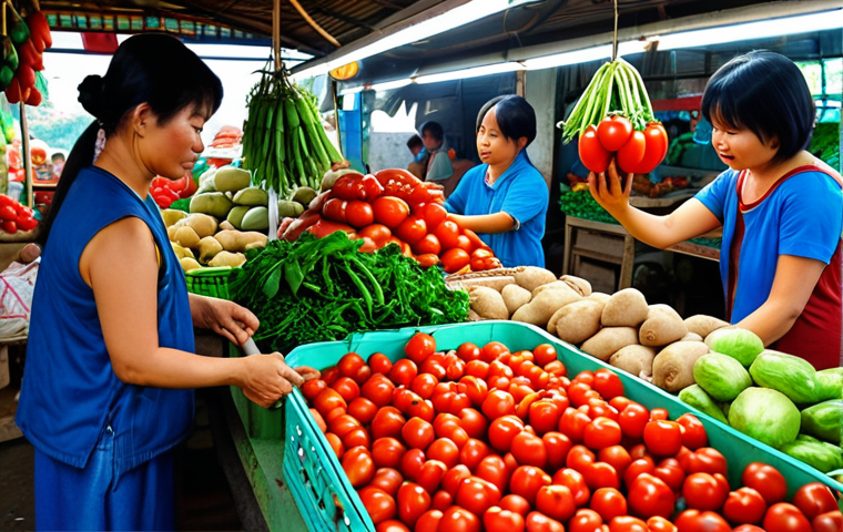 **
A vibrant, colorful display of fresh produce at a bustling Vietnamese market. Focus on close-ups of specific items: shiny red tomatoes, crisp green morning glory (rau muống), and firm potatoes. Show hands selecting and inspecting the vegetables. Capture the atmosphere of a lively chợ in Vietnam.
**