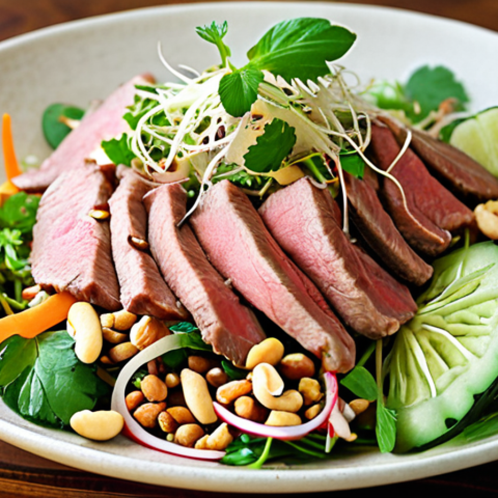 A vibrant and refreshing Vietnamese salad with tender sous vide beef slices, fresh herbs like mint and cilantro, crisp vegetables like cucumber and bean sprouts, topped with crushed peanuts and a light nuoc cham dressing.
