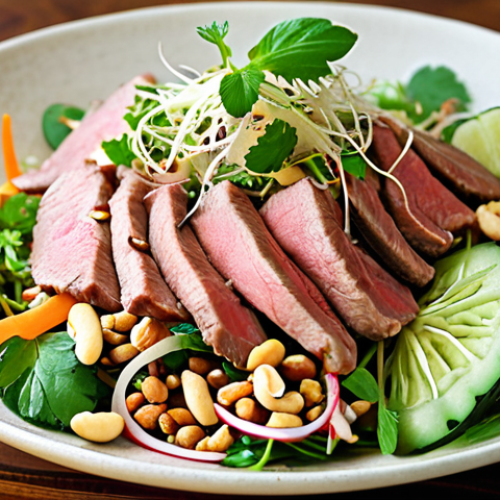 A vibrant and refreshing Vietnamese salad with tender sous vide beef slices, fresh herbs like mint and cilantro, crisp vegetables like cucumber and bean sprouts, topped with crushed peanuts and a light nuoc cham dressing.