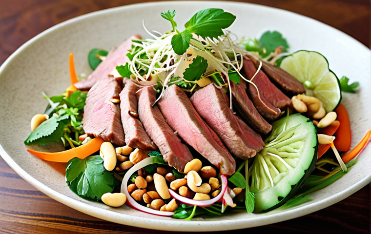 A vibrant and refreshing Vietnamese salad with tender sous vide beef slices, fresh herbs like mint and cilantro, crisp vegetables like cucumber and bean sprouts, topped with crushed peanuts and a light nuoc cham dressing.