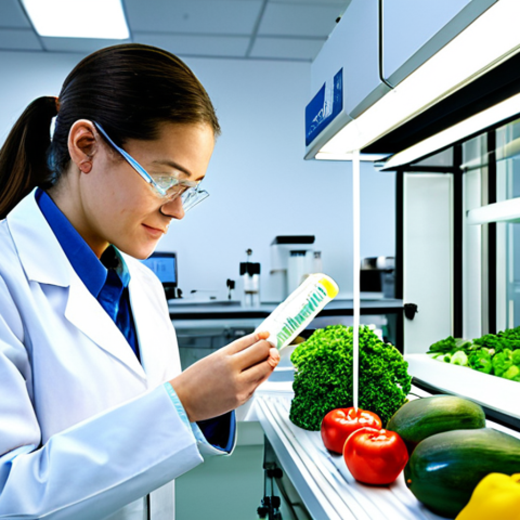 Modern Food Packaging Lab**
"A brightly lit, modern food packaging laboratory. A female scientist in a lab coat, fully clothed, is examining a package of fresh produce. The package is labeled 'MAP' (Modified Atmosphere Packaging). Background elements include various packaging materials, scientific equipment, and digital displays showing data related to food preservation. Focus on innovation and technology. Safe for work, appropriate content, professional, perfect anatomy, natural proportions, high quality."
**