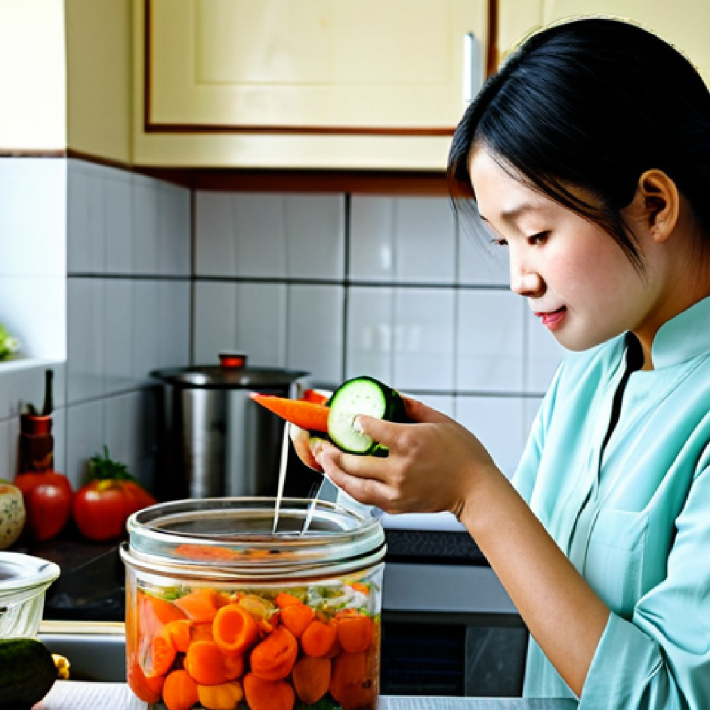 식품 보존을 위한 pH 조절 기술 - Pickling Vegetables**
A Vietnamese woman in a kitchen setting, pickling vegetables (carrots, cucumb...