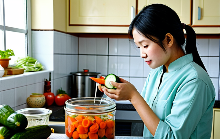식품 보존을 위한 pH 조절 기술 - Pickling Vegetables**
A Vietnamese woman in a kitchen setting, pickling vegetables (carrots, cucumb...