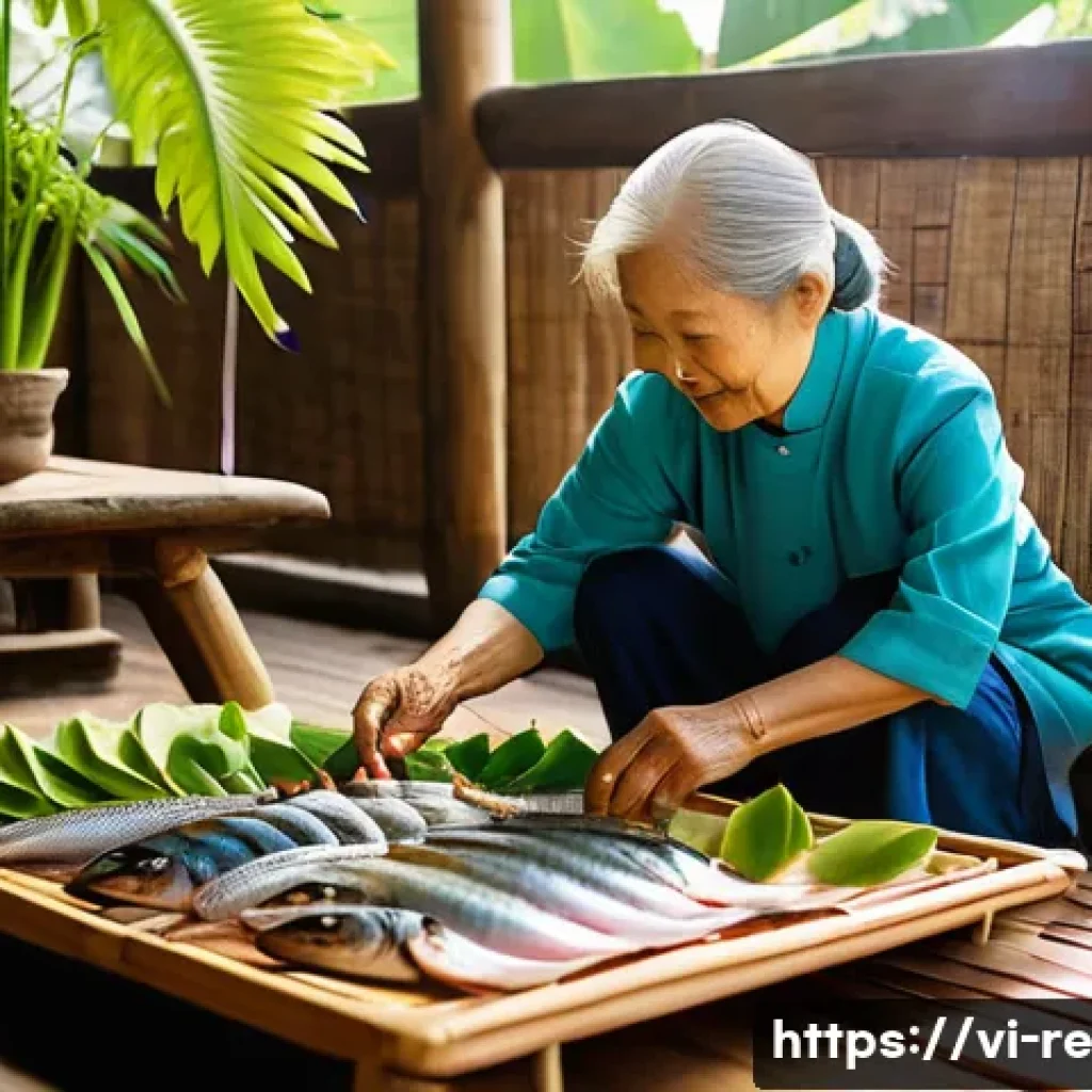 효율적인 식품 보존을 위한 소규모 작업 - **Prompt:** A heartwarming scene of a Vietnamese grandmother meticulously arranging trays of freshly...