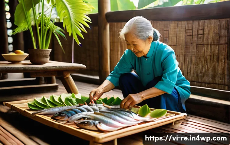 효율적인 식품 보존을 위한 소규모 작업 - **Prompt:** A heartwarming scene of a Vietnamese grandmother meticulously arranging trays of freshly...