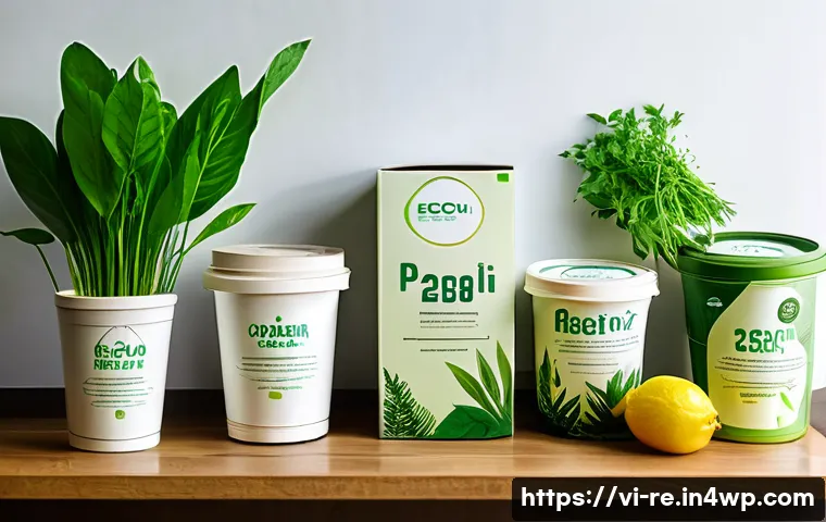 포장재의 종류와 음식 보존 효과 - A high-resolution image of eco-friendly food packaging made from biodegradable materials such as PLA...