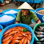 Home 20 해산물 보존을 위한 방법 - A detailed close-up image of a Vietnamese seafood market stall showcasing fresh seafood including fi...