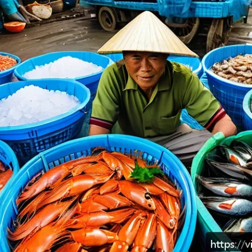 Home 32 해산물 보존을 위한 방법 - A detailed close-up image of a Vietnamese seafood market stall showcasing fresh seafood including fi...