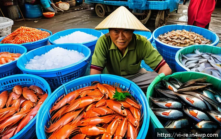 해산물 보존을 위한 방법 - A detailed close-up image of a Vietnamese seafood market stall showcasing fresh seafood including fi...