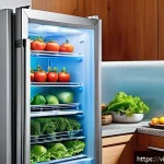 Home 19 음식 보존을 위한 과학과 기술 - A modern Vietnamese kitchen scene showcasing a smart inverter refrigerator with a transparent door, ...