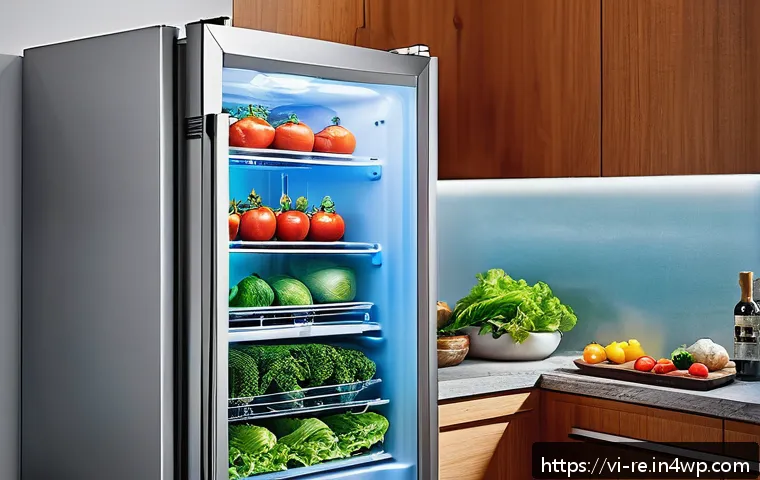 음식 보존을 위한 과학과 기술 - A modern Vietnamese kitchen scene showcasing a smart inverter refrigerator with a transparent door, ...