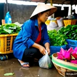 Home 23 음식 보존과 환경 문제 - Photorealistic documentary-style scene in a bustling Vietnamese wet market at dawn, a vendor careful...