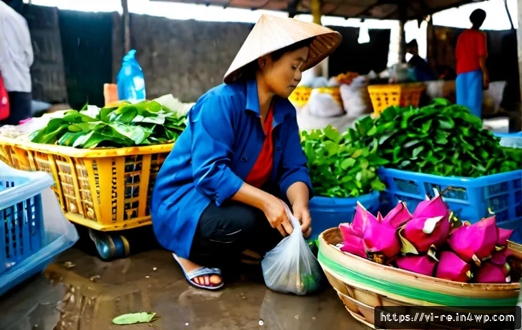 음식 보존과 환경 문제 - Photorealistic documentary-style scene in a bustling Vietnamese wet market at dawn, a vendor careful...