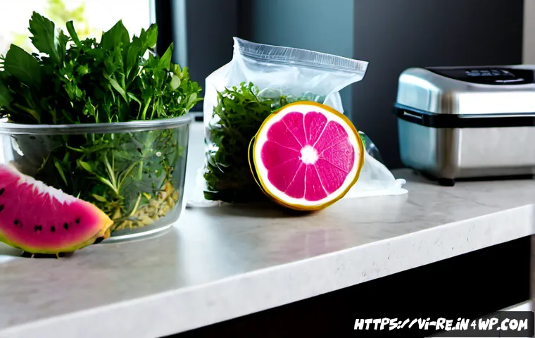 Home 17 산소 제거와 식품 보존 - Photorealistic close-up of a Vietnamese home kitchen counter, a clear vacuum-sealed bag of fresh her...